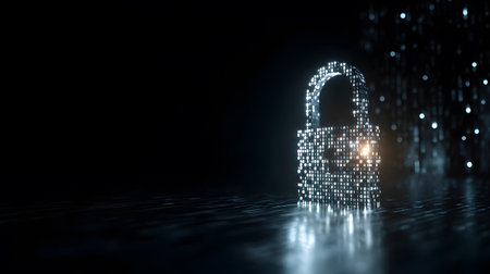Visualization of digital cybersecurity featuring glowing lock and shield icons with a binary code background in a dark cyber environment. Ideal for IT security and tech presentations.の写真素材