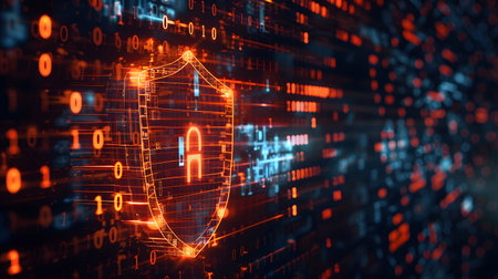 Visualization of digital cybersecurity featuring glowing lock and shield icons with a binary code background in a dark cyber environment. Ideal for IT security and tech presentations.の写真素材