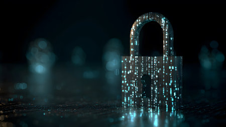 Visualization of digital cybersecurity featuring glowing lock and shield icons with a binary code background in a dark cyber environment. Ideal for IT security and tech presentations.の写真素材