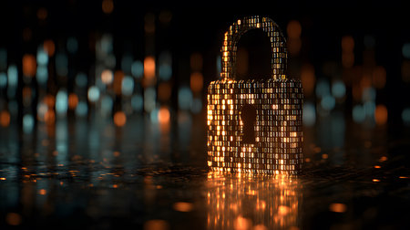 Visualization of digital cybersecurity featuring glowing lock and shield icons with a binary code background in a dark cyber environment. Ideal for IT security and tech presentations.の写真素材