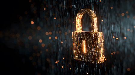 Visualization of digital cybersecurity featuring glowing lock and shield icons with a binary code...