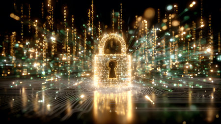 Visualization of digital cybersecurity featuring glowing lock and shield icons with a binary code background in a dark cyber environment. Ideal for IT security and tech presentations.の写真素材