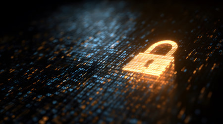 Visualization of digital cybersecurity featuring glowing lock and shield icons with a binary code background in a dark cyber environment. Ideal for IT security and tech presentations.の写真素材