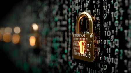 Visualization of digital cybersecurity featuring glowing lock and shield icons with a binary code background in a dark cyber environment. Ideal for IT security and tech presentations.の写真素材