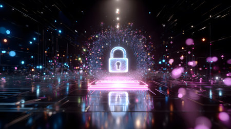 Visualization of digital cybersecurity featuring glowing lock and shield icons with a binary code background in a dark cyber environment. Ideal for IT security and tech presentations.の写真素材