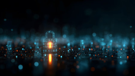 Visualization of digital cybersecurity featuring glowing lock and shield icons with a binary code background in a dark cyber environment. Ideal for IT security and tech presentations.の写真素材