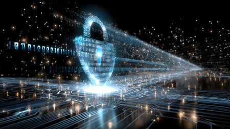 Visualization of digital cybersecurity featuring glowing lock and shield icons with a binary code...