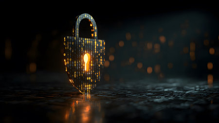 Visualization of digital cybersecurity featuring glowing lock and shield icons with a binary code background in a dark cyber environment. Ideal for IT security and tech presentations.の写真素材