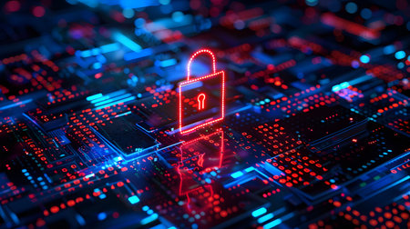 Visualization of digital cybersecurity featuring glowing lock and shield icons with a binary code background in a dark cyber environment. Ideal for IT security and tech presentations.の写真素材