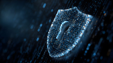 Visualization of digital cybersecurity featuring glowing lock and shield icons with a binary code...