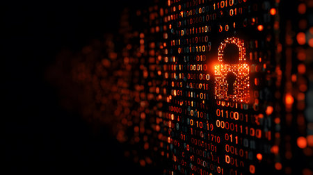 Visualization of digital cybersecurity featuring glowing lock and shield icons with a binary code background in a dark cyber environment. Ideal for IT security and tech presentations.の写真素材