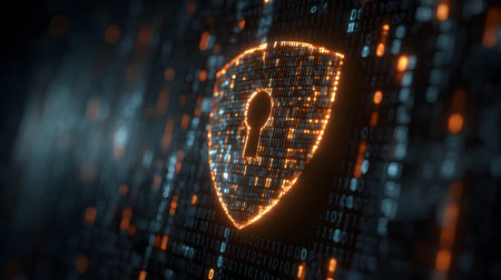 Visualization of digital cybersecurity featuring glowing lock and shield icons with a binary code...
