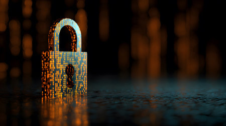 Visualization of digital cybersecurity featuring glowing lock and shield icons with a binary code background in a dark cyber environment. Ideal for IT security and tech presentations.の写真素材
