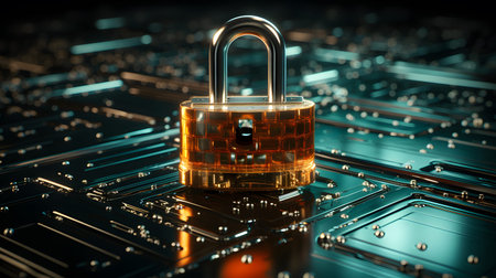 Visualization of digital cybersecurity featuring glowing lock and shield icons with a binary code background in a dark cyber environment. Ideal for IT security and tech presentations.の写真素材