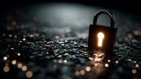Visualization of digital cybersecurity featuring glowing lock and shield icons with a binary code background in a dark cyber environment. Ideal for IT security and tech presentations.の写真素材