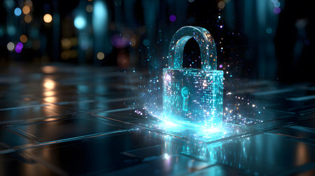 Visualization of digital cybersecurity featuring glowing lock and shield icons with a binary code...
