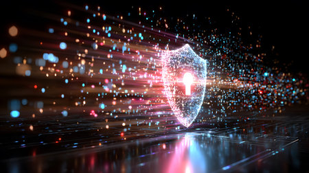Visualization of digital cybersecurity featuring glowing lock and shield icons with a binary code...