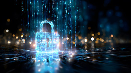 Visualization of digital cybersecurity featuring glowing lock and shield icons with a binary code...