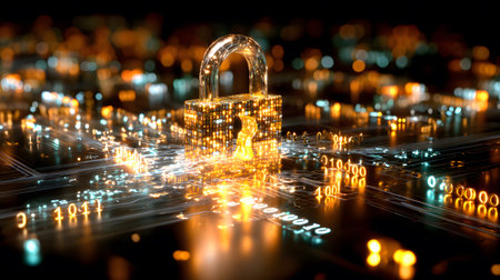 Visualization of digital cybersecurity featuring glowing lock and shield icons with a binary code...