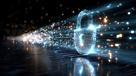Visualization of digital cybersecurity featuring glowing lock and shield icons with a binary code...