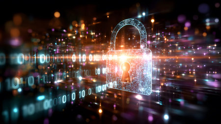 Visualization of digital cybersecurity featuring glowing lock and shield icons with a binary code...