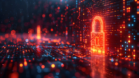 Visualization of digital cybersecurity featuring glowing lock and shield icons with a binary code...