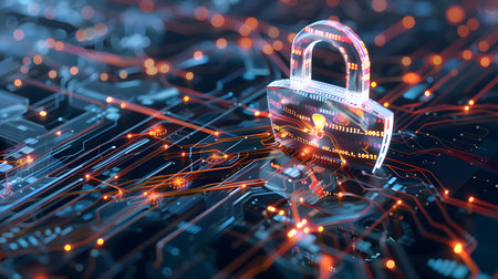 Visualization of digital cybersecurity featuring glowing lock and shield icons with a binary code background in a dark cyber environment. Ideal for IT security and tech presentations.の写真素材