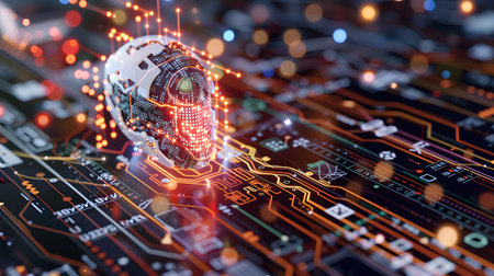 Visualization of digital cybersecurity featuring glowing lock and shield icons with a binary code background in a dark cyber environment. Ideal for IT security and tech presentations.の写真素材