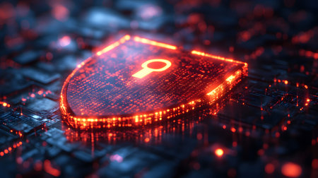 Visualization of digital cybersecurity featuring glowing lock and shield icons with a binary code...