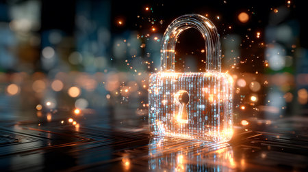 Visualization of digital cybersecurity featuring glowing lock and shield icons with a binary code background in a dark cyber environment. Ideal for IT security and tech presentations.の写真素材