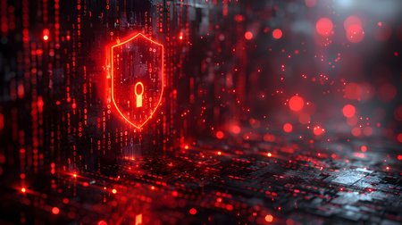 Visualization of digital cybersecurity featuring glowing lock and shield icons with a binary code background in a dark cyber environment. Ideal for IT security and tech presentations.の写真素材