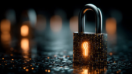 Visualization of digital cybersecurity featuring glowing lock and shield icons with a binary code background in a dark cyber environment. Ideal for IT security and tech presentations.の写真素材