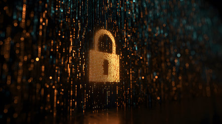 Visualization of digital cybersecurity featuring glowing lock and shield icons with a binary code...