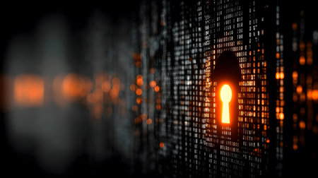 Visualization of digital cybersecurity featuring glowing lock and shield icons with a binary code background in a dark cyber environment. Ideal for IT security and tech presentations.の写真素材
