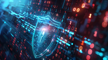 Visualization of digital cybersecurity featuring glowing lock and shield icons with a binary code...