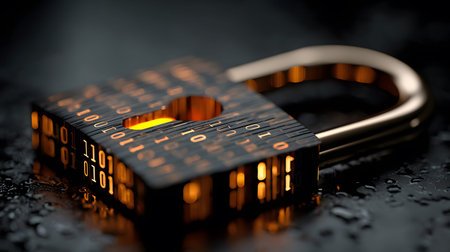 Visualization of digital cybersecurity featuring glowing lock and shield icons with a binary code...