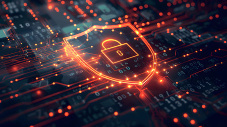 Visualization of digital cybersecurity featuring glowing lock and shield icons with a binary code...
