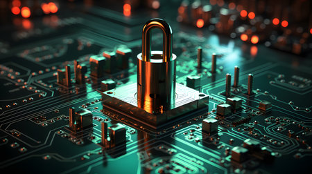 Visualization of digital cybersecurity featuring glowing lock and shield icons with a binary code background in a dark cyber environment.の写真素材