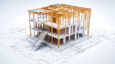 Architectural section cut showing floors, walls, stairs, and structural components. drawing for design and construction.の写真素材