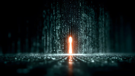 Visualization of digital cybersecurity featuring glowing lock and shield icons with a binary code background in a dark cyber environment. Ideal for IT security and tech presentations.の写真素材