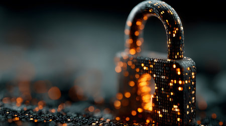 Visualization of digital cybersecurity featuring glowing lock and shield icons with a binary code background in a dark cyber environment. Ideal for IT security and tech presentations.の写真素材
