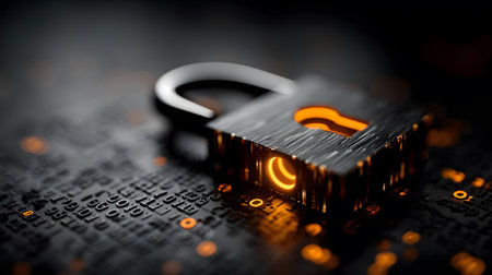 Visualization of digital cybersecurity featuring glowing lock and shield icons with a binary code background in a dark cyber environment. Ideal for IT security and tech presentations.の写真素材
