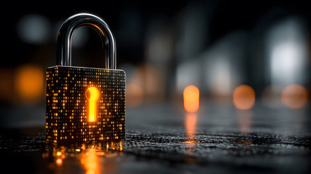 Visualization of digital cybersecurity featuring glowing lock and shield icons with a binary code...
