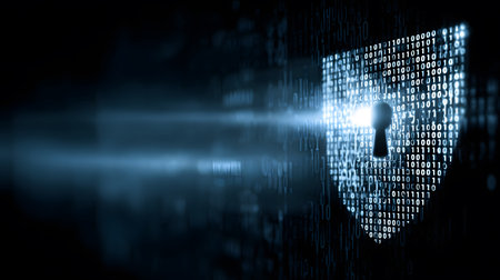 Visualization of digital cybersecurity featuring glowing lock and shield icons with a binary code background in a dark cyber environment. Ideal for IT security and tech presentations.の写真素材