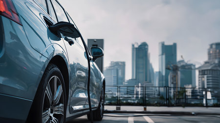 Illustration of an electric vehicle charging at a modern station with an urban cityscape in the background under bright daylight. Perfect for sustainability and automotive themes.の写真素材