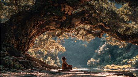 A peaceful moment of a person sitting quietly under a large tree with no devices, embracing nature. Ideal for wellness, mindfulness, and slow living themes.の写真素材