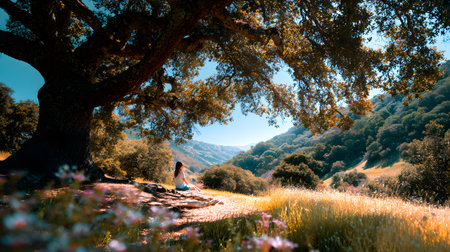 A peaceful moment of a person sitting quietly under a large tree with no devices, embracing nature. Ideal for wellness, mindfulness, and slow living themes.の写真素材