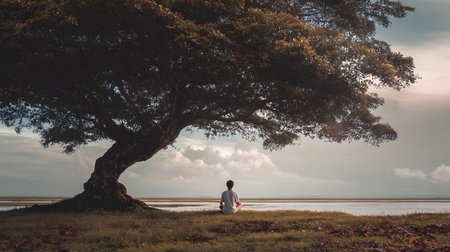 A peaceful moment of a person sitting quietly under a large tree with no devices, embracing nature. Ideal for wellness, mindfulness, and slow living themes.の写真素材