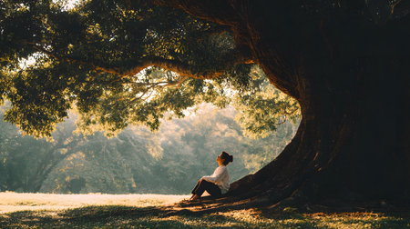 A peaceful moment of a person sitting quietly under a large tree with no devices, embracing nature. Ideal for wellness, mindfulness, and slow living themes.の写真素材