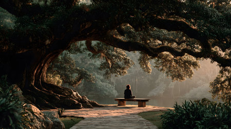 A peaceful moment of a person sitting quietly under a large tree with no devices, embracing nature. Ideal for wellness, mindfulness, and slow living themes.の写真素材